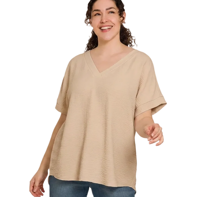 Woven Airflow V-Neck Hi-Low Hem Top, BIEGE