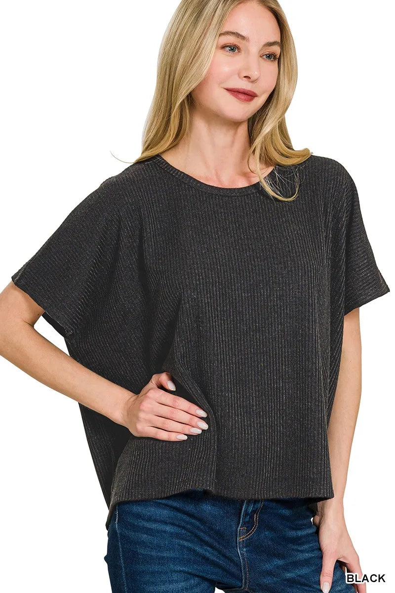 Zenana Ribbed Round Neck Short Sleeve Knit Top BLACK