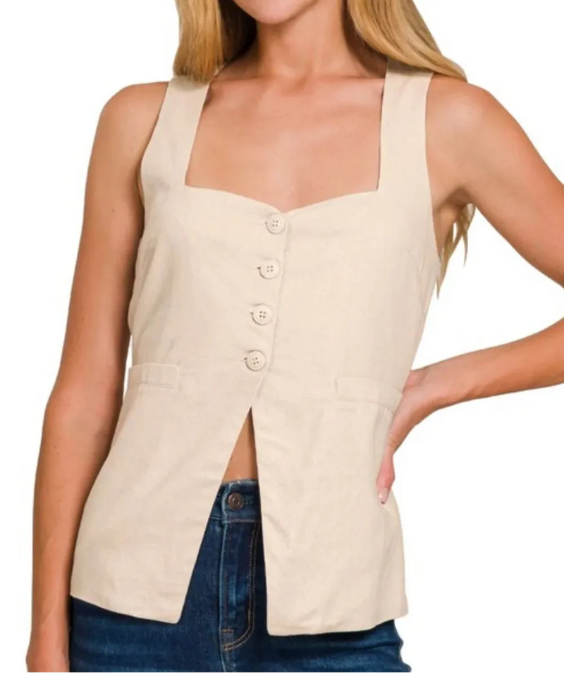 Zenana Linen Tie-back 4-button Vest with Lining MOCHA