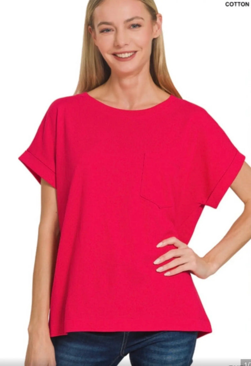 Zenana Ruby Cuffed Front Pocket Short Sleeve Tee