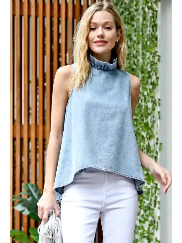 Sleeveless Washed-Out Denim Top with Ruffle Neck and Bow LIGHT DENIM