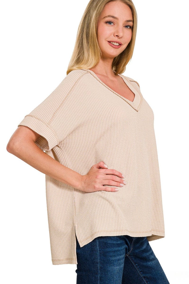 Zenana Corded Rib Short Sleeve Hi-Low V-Neck Top SAND BEIGE