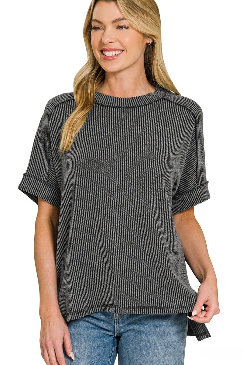 Zenana Corded Ribbed Cuff Sleeve Raw Edge Top