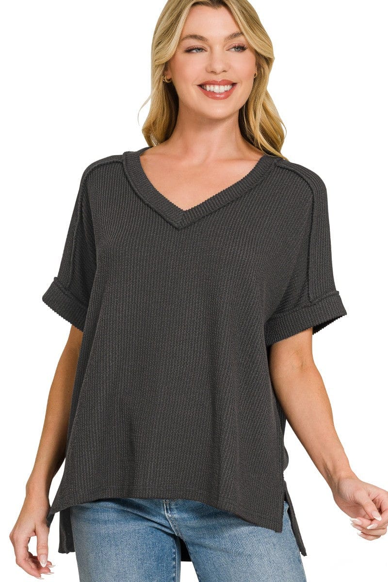 Zenana Corded Rib Short Sleeve Hi-Low V-Neck Top BLACK