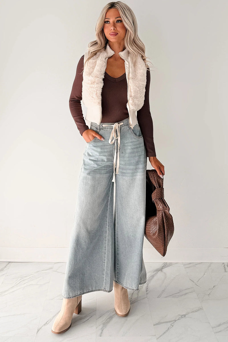 Elastic waist denim wide pants
