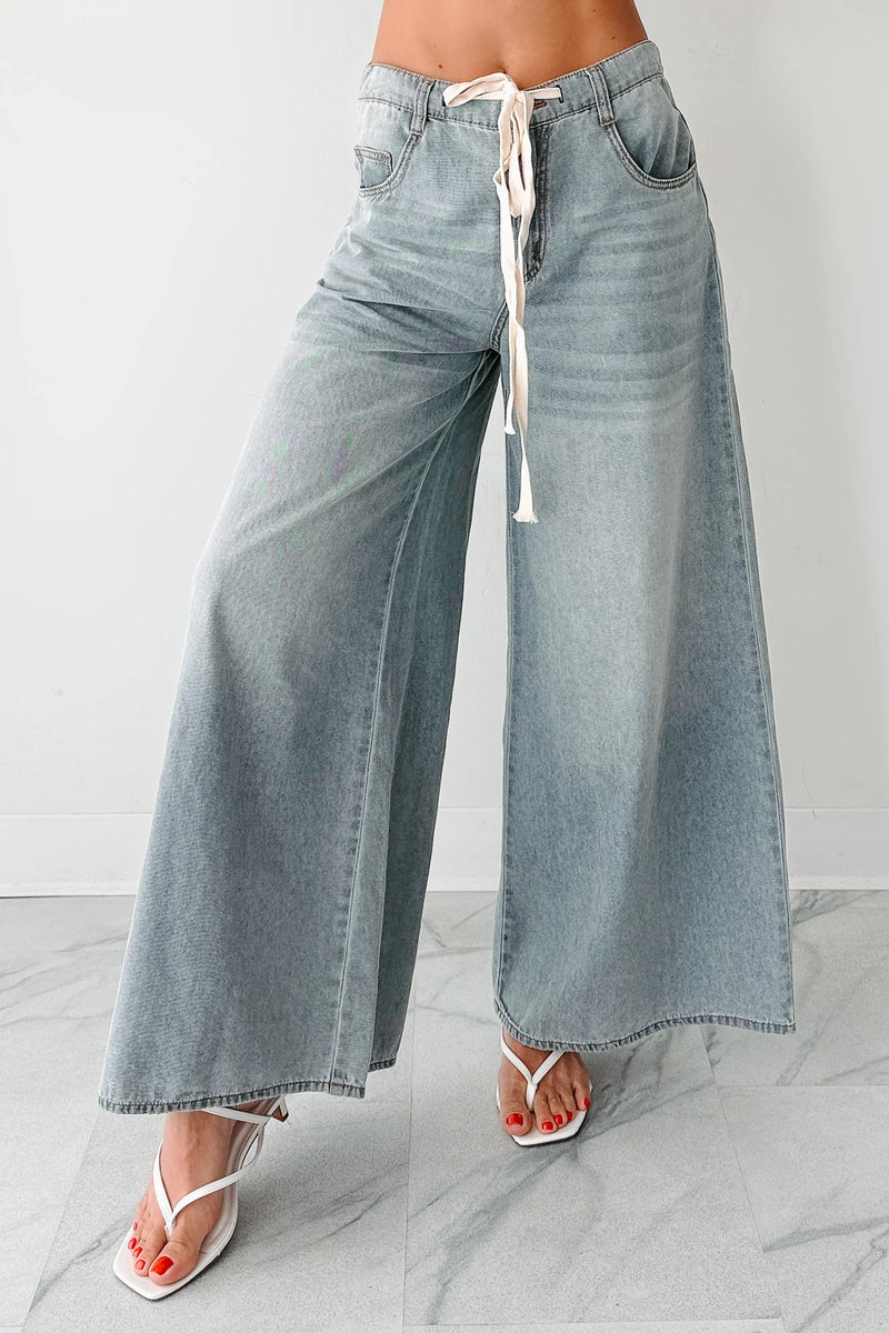 Elastic waist denim wide pants