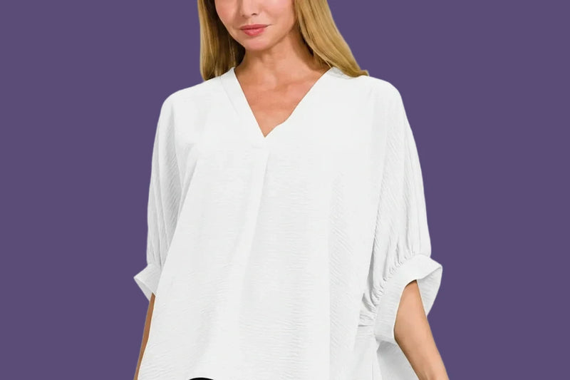 Zenana Woven Airflow V-neck Puff Half Sleeve Top
