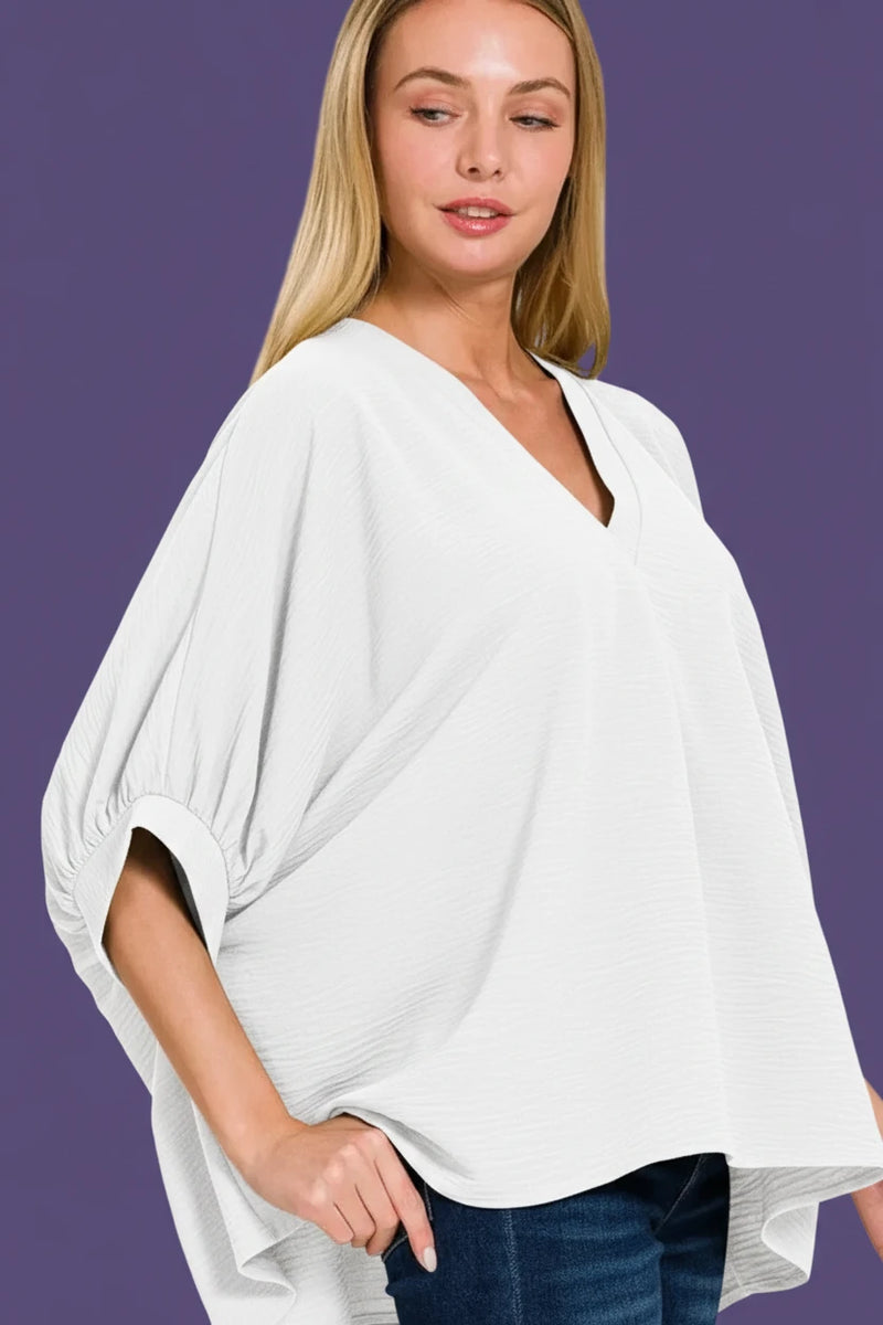 Zenana Woven Airflow V-neck Puff Half Sleeve Top