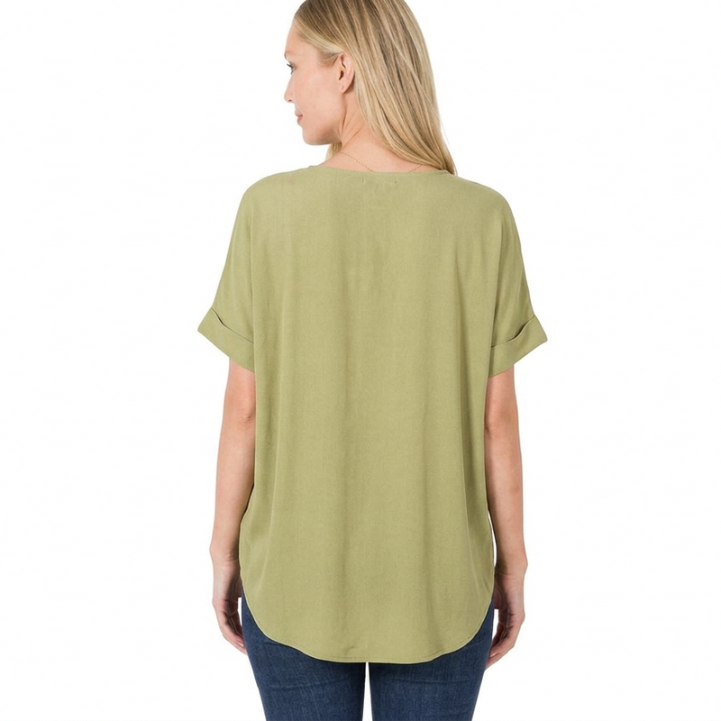 Rayon Span Crepe Layered-Look Draped Front Top, OLIVE GREEN
