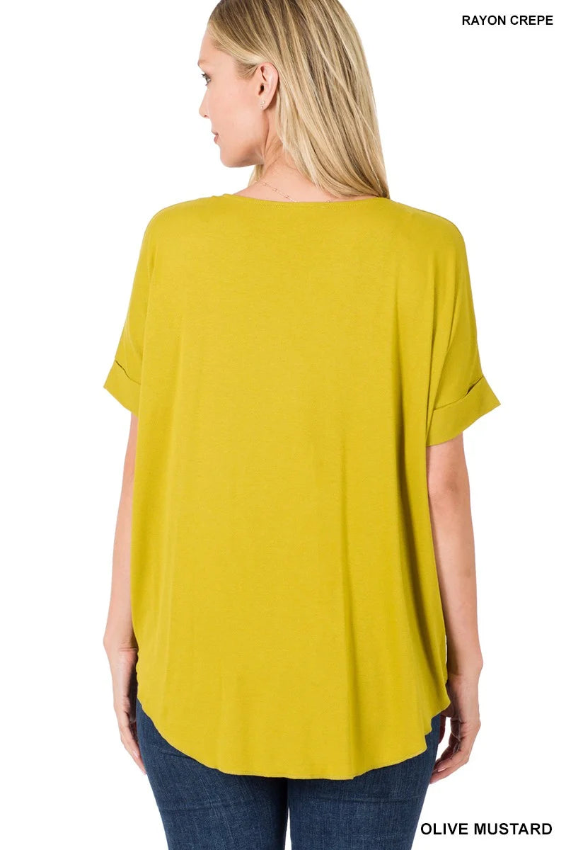 Rayon Span Crepe Layered-Look Draped Front Top, OLIVE MUSTARD