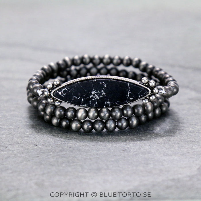 Navajo Style Pearl with Stone Stackable Stretch Bracelet