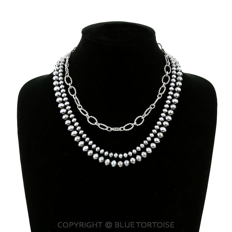 3Row Navajo Style Pearl & Chain Necklace