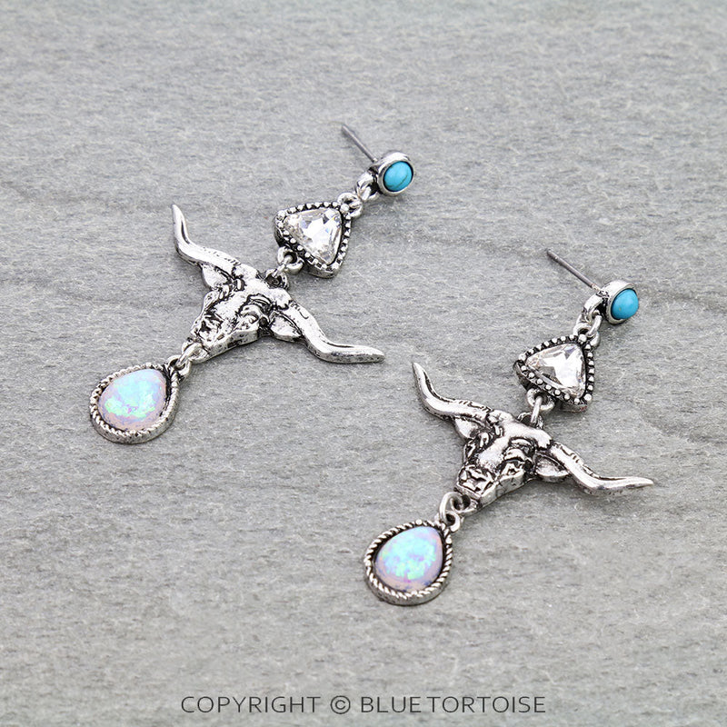 Western Steer Skull Opal Stone Stud Earrings