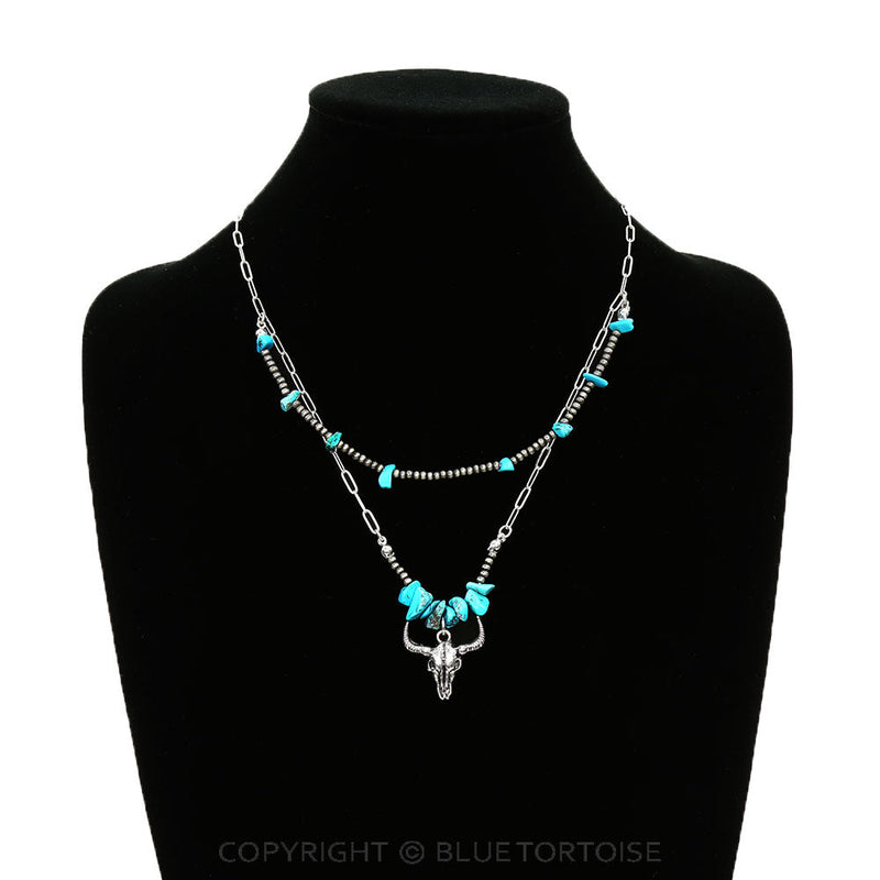 2 Layered Western Steer Skull Pendant Necklace/PINK