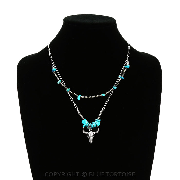2 Layered Western Steer Skull Pendant Necklace/PINK