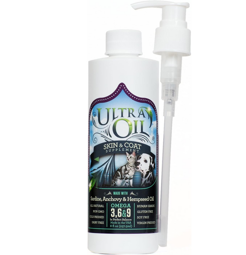 Ultra Oil Skin and Coat Supplement for Dogs & Cats - Hemp Seed Oil, Flaxseed Oil, Grape Seed Oil, Fish Oil for Relief from Dry Itchy Skin, Dandruff, and Allergies - 8 OZ