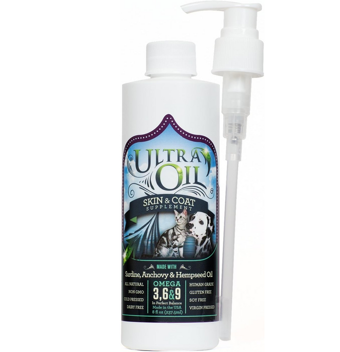 Ultra Oil Skin and Coat Supplement for Dogs & Cats - Hemp Seed Oil, Flaxseed Oil, Grape Seed Oil, Fish Oil for Relief from Dry Itchy Skin, Dandruff, and Allergies - 8 OZ