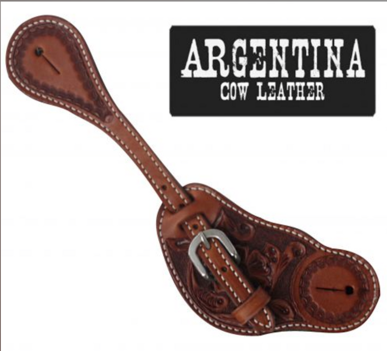Showman Mens Size Arg. Cow Leather Floral Tooled Spur Straps