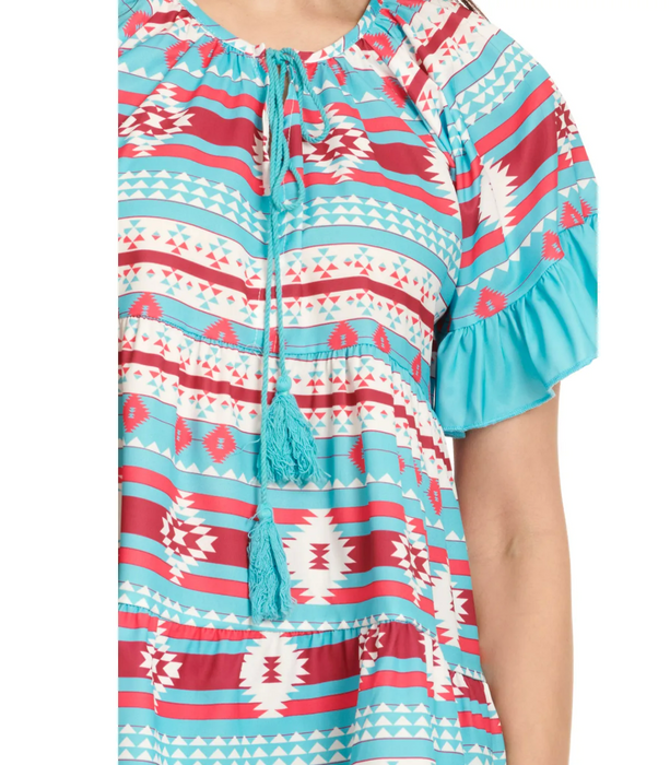 TURQ BABYDOLL AZTEC PRINT