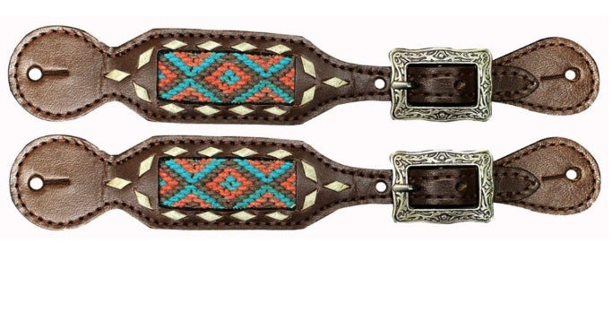 Showman Ladies leather spur straps with woven fabric Inlay with southwest design