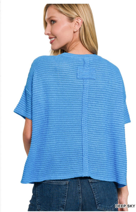 Drop shoulder short sleeve jacquard sweater