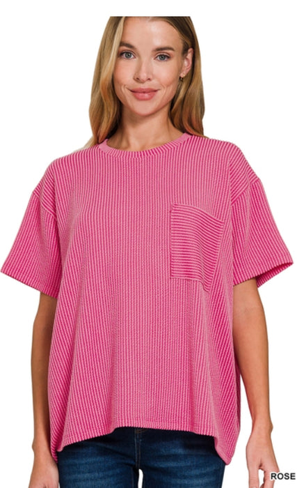 Corded rib short sleeve front pocket top