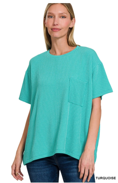 Corded rib short sleeve front pocket top