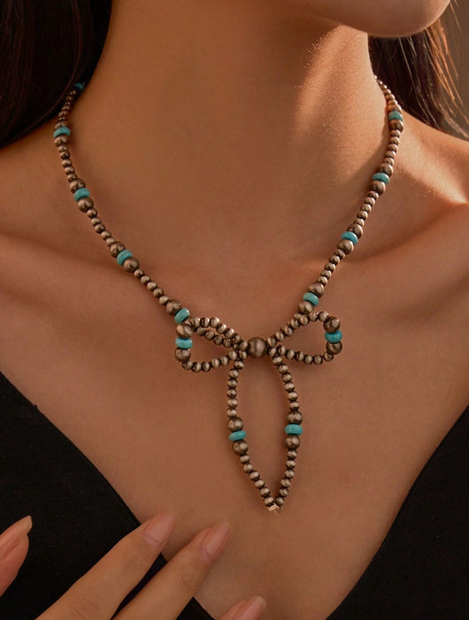 Western Country Faux Pearl Necklace Turquoise Bow