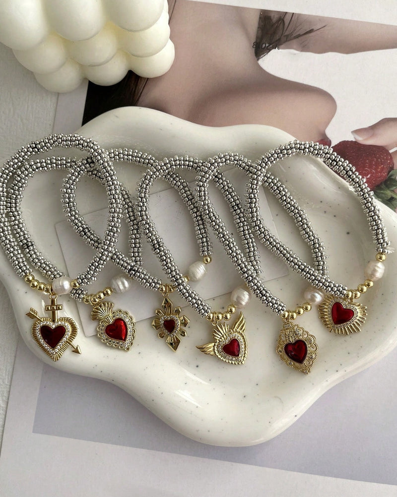 Fashionable Copper Inlaid Cubic Zirconia Asymmetrical Drop-Shaped Heart Pendant Beaded