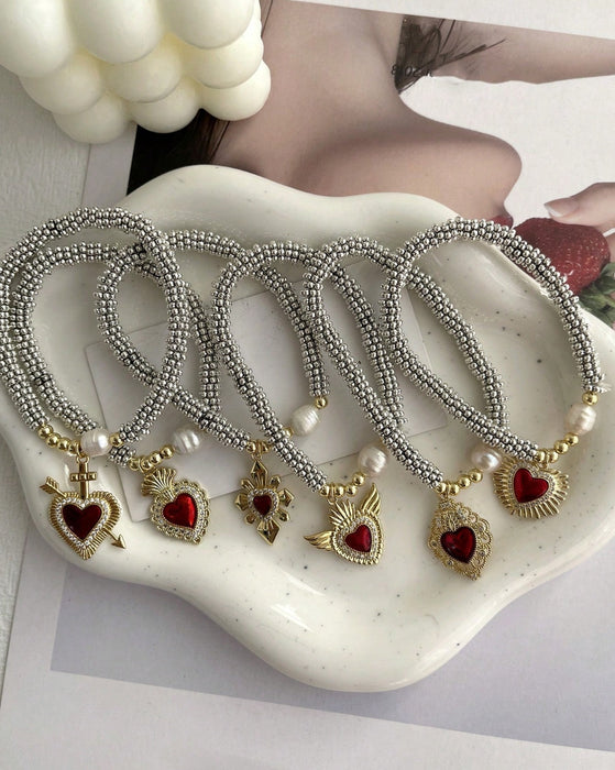 Fashionable Copper Inlaid Cubic Zirconia Asymmetrical Drop-Shaped Heart Pendant Beaded