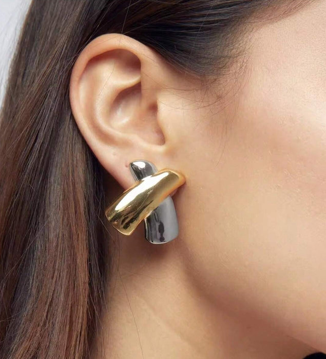 Two Tone Crossover X  Gold Earrings