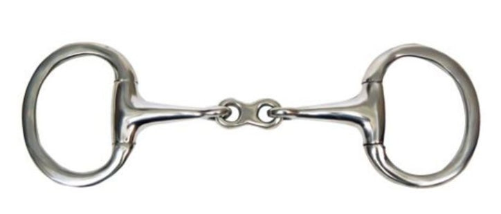 Showman eggbutt style bit with 3" ring cheeks. Stainless steel 5" mouth piece with dog bone.