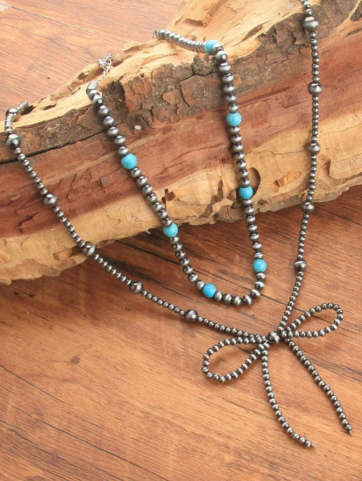 2pcs Layered Faux Pearl Bow Necklace