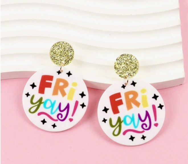 Women's Round Happy Friday Design Hoop Earrings