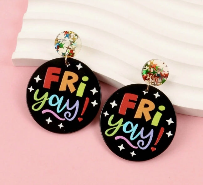 Women's Round Happy Friday Design Hoop Earrings