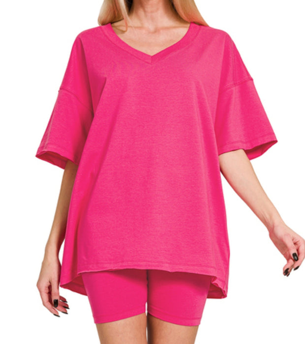 Cotton v-neck top & biker shorts set