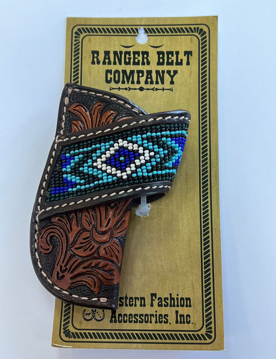 knife sheath, 4" lthr, blue  beaded floral