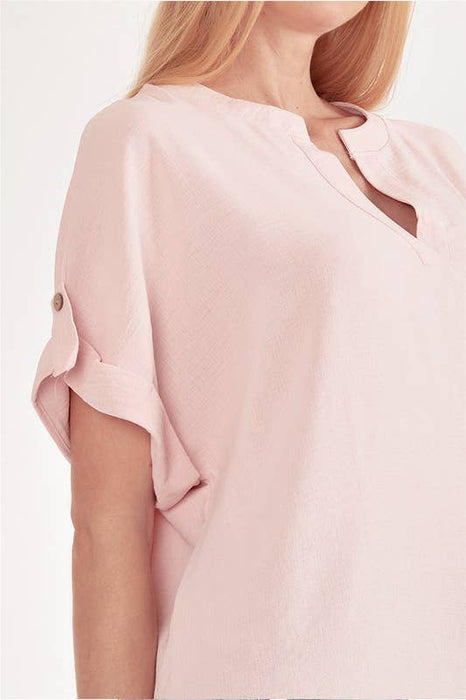 SPT5211 - WOMEN SHORT BUTTON SLEEVE FRONT SLIT LOOSE FIT TOP