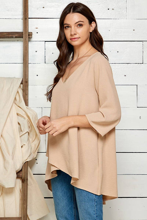 WOMEN V-NECK 3/4 SLEEVE HI-LOW BLOUSE RUST