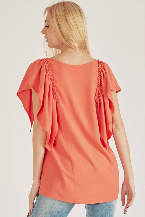 SPT5209 - WOMEN SOLID SHORT RUFFLE SLEEVE LOOSE FITTING TOP