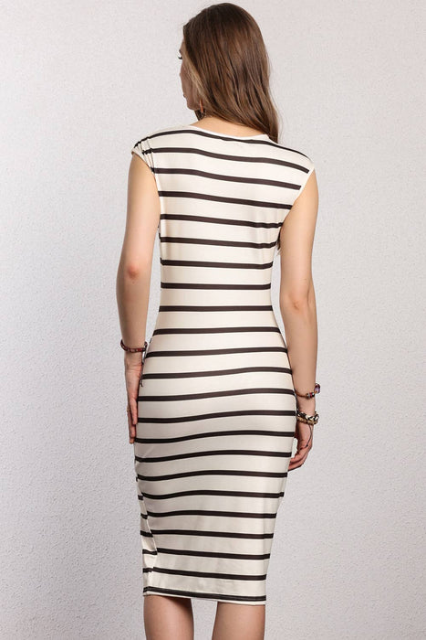 Women Casual Stripe Print Side Split Midi Dress | S-XL