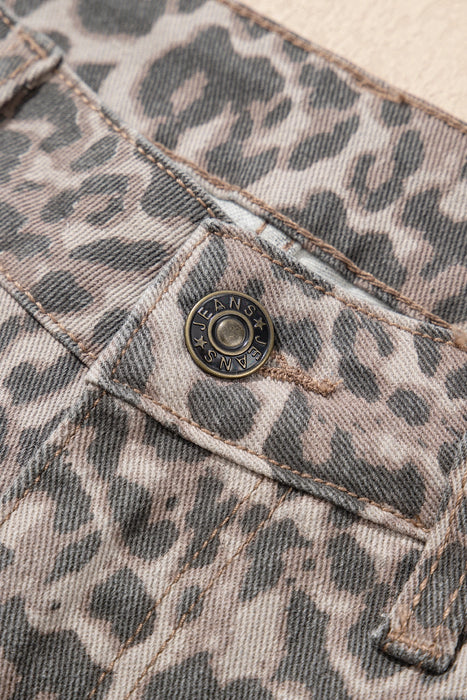 Brown Leopard Frayed Edge Wide Leg High Waist Jeans