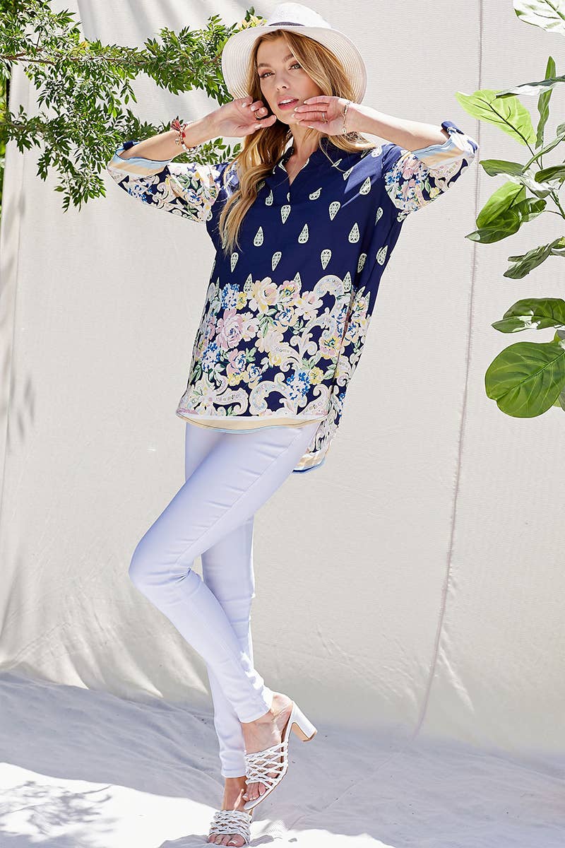 WOMEN MULTI FLORAL COLLAR ROLL UP SLEEVE TOP