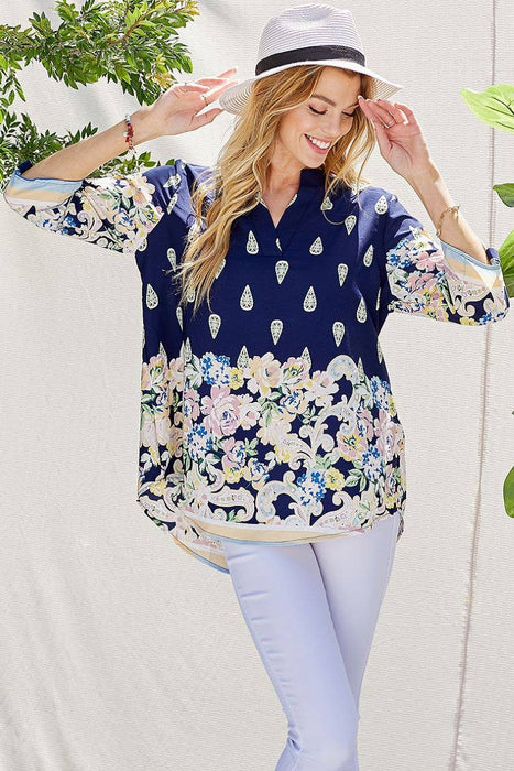 WOMEN MULTI FLORAL COLLAR ROLL UP SLEEVE TOP