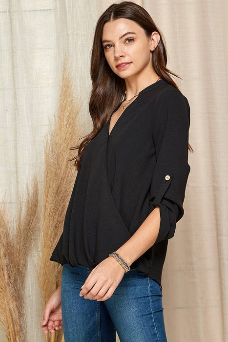 SP4732T-24926 - WOMEN SOLID WRAP CROSSOVER BLOUSE