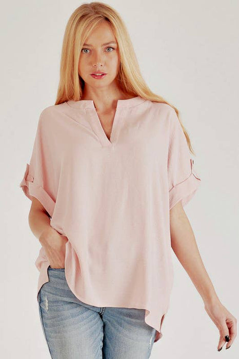SPT5211 - WOMEN SHORT BUTTON SLEEVE FRONT SLIT LOOSE FIT TOP