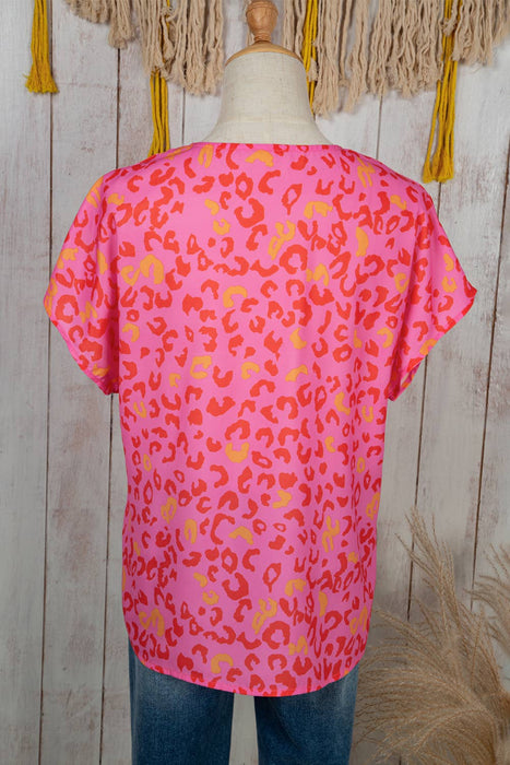 Women Leopard Print V Neck Short Sleeve Blouse | S-XL