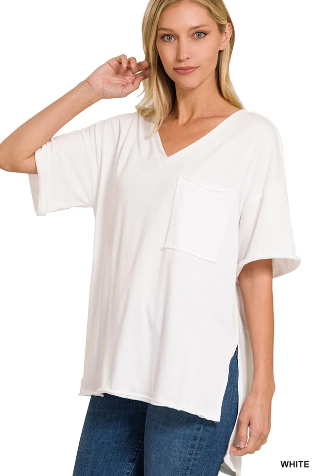 Zenana Front Pocket Raw Edge Boyfriend Tee WHITE
