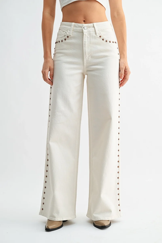 Mineral Washed Studded Bell Bottoms, White