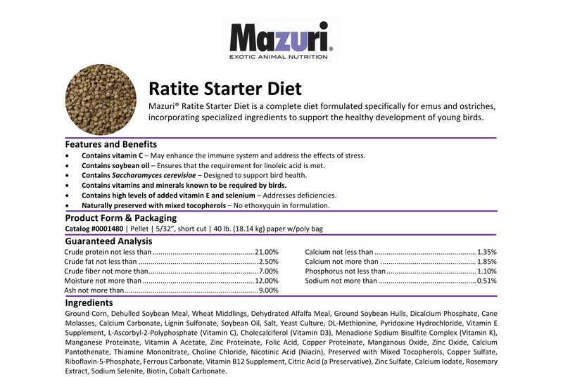 Mazuri® Ratite Starter Emu & Ostrich Food - 40 LB